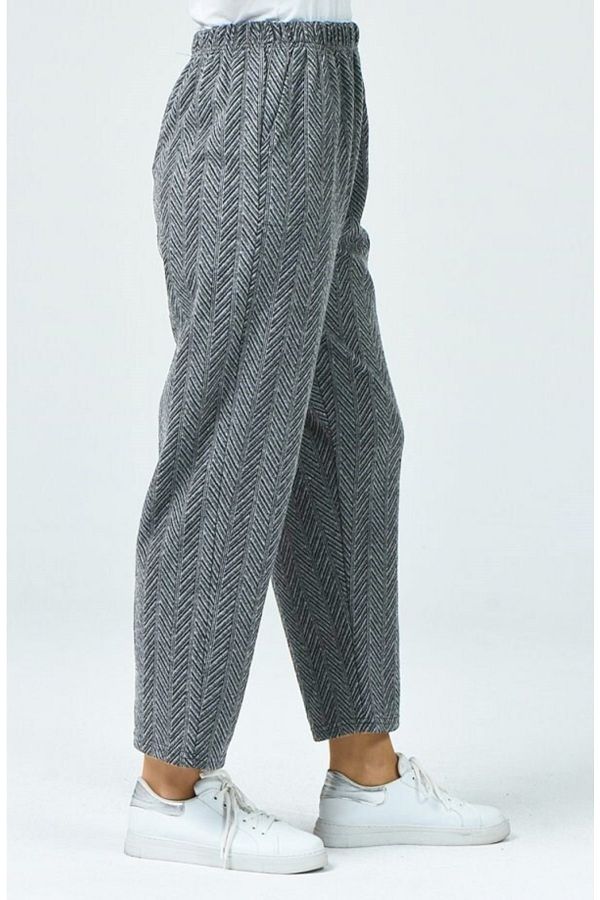 Modakenti-Large Size Winter Elastic Stamp Pants with Pockets - Gray Zigzag 1
