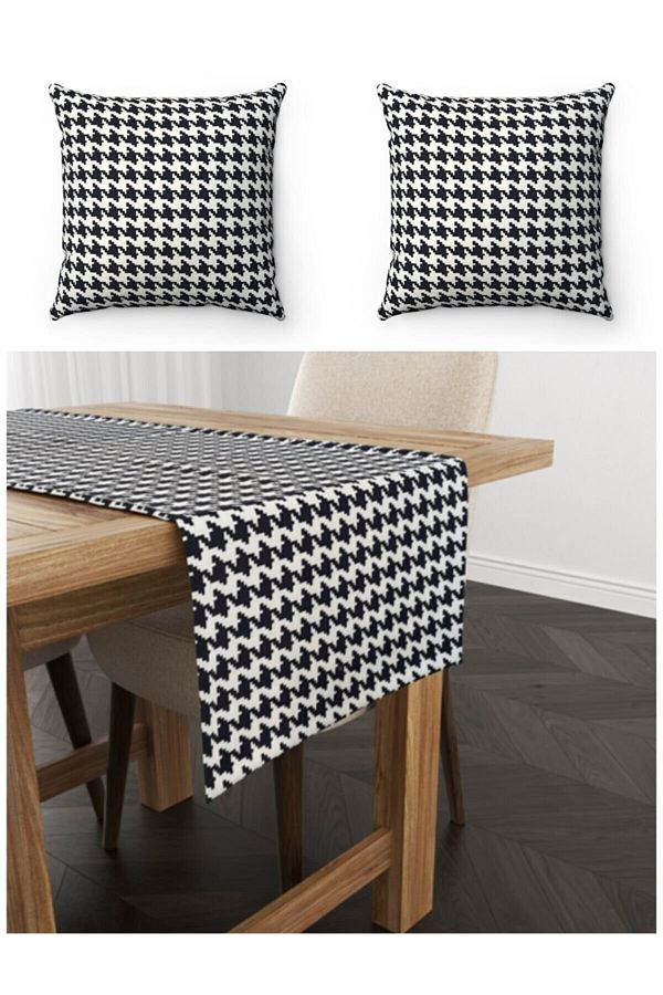 FUS BLUE-Houndstooth Patterned Runner and 2-Piece Throw Pillow Case 1