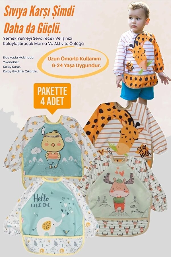 dubi baby Bebechi Hayvan Figürlü Sıvı Geçirmez 4'lü Paket Uzun Kollu Bebek Mama Önlüğü