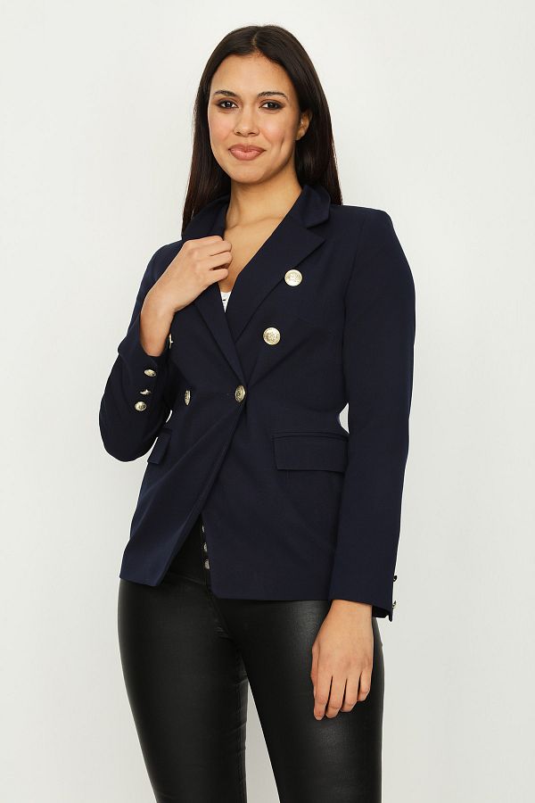 Ladies blue blazer gold buttons top