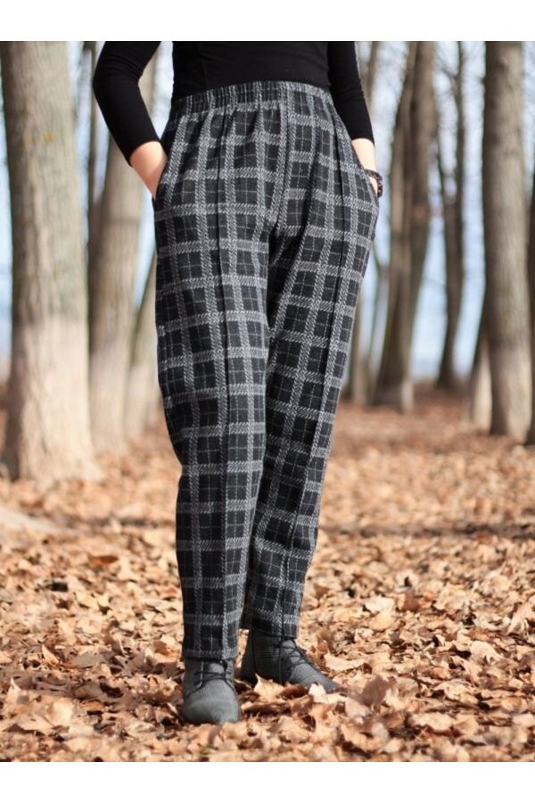 Modakenti-Pantaloni de iarnă cu buzunare de mărime mare, cu cusături elastice, picior de găină pătrat 1
