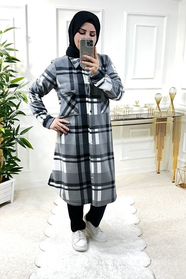 A k Endam Large Size Large Size Thick Fleece Shirt Anthracite Two Stripes Trendyol