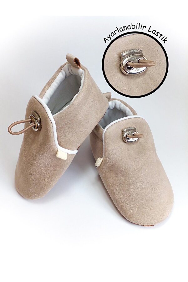 Tiny Feet Bej Kadife Kaydırmaz Taban, Ayarlanabilir Lastikli Bebek Patik, Kreş Ayakkabısı, Ev Botu Panduf