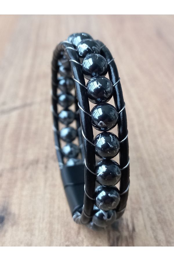 REGGENTE Patterned Hematite Natural Stone Steel Black Genuine Leather Bracelet