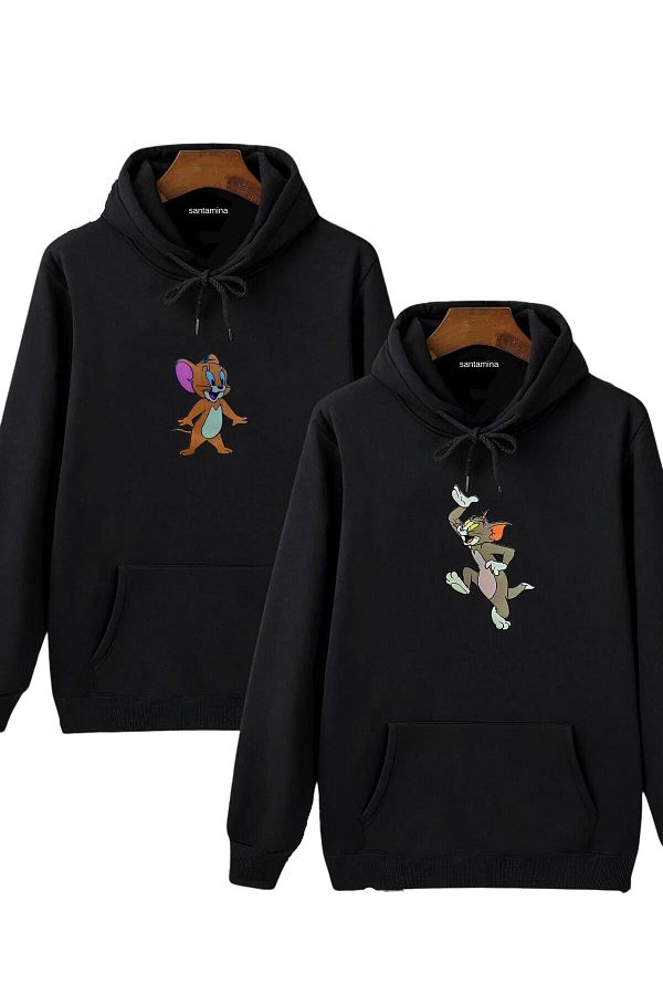 Mythologie Unisex Black Tom And Jerry Printed Couple Hoodie Hooded Sweatshirt Trendyol