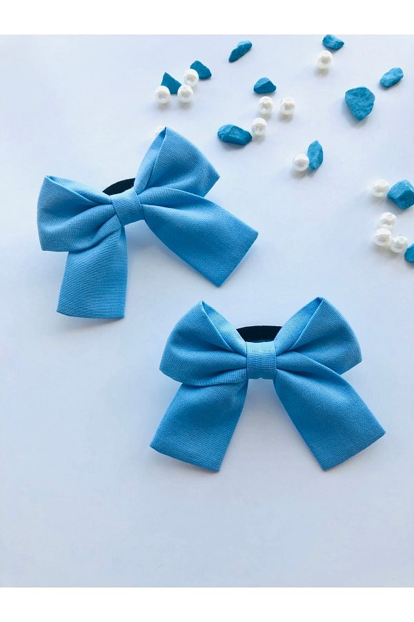seyranat-Pack of 2 Blue Organic Cotton Elastic Bow Fabric Children's Baby Hair Clip 1