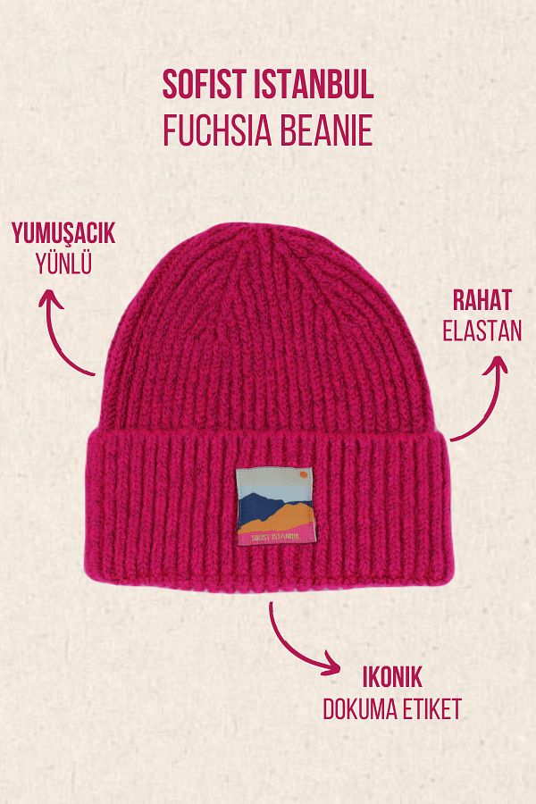 Sofist İstanbul-Fuchsia Unisex Beanie Fuchsia Color Woven Label Soft Washed Wool And Fold Knitted Beret 1
