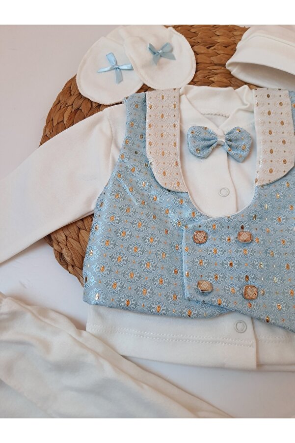 PİLEKİ BABY 0 6 Aylık Yenidoğan % 100 Pamuk 6 Parça Yelekli Özel Gün Mevlüt Sünnet Takımı Sünnetlik Mevlütlük