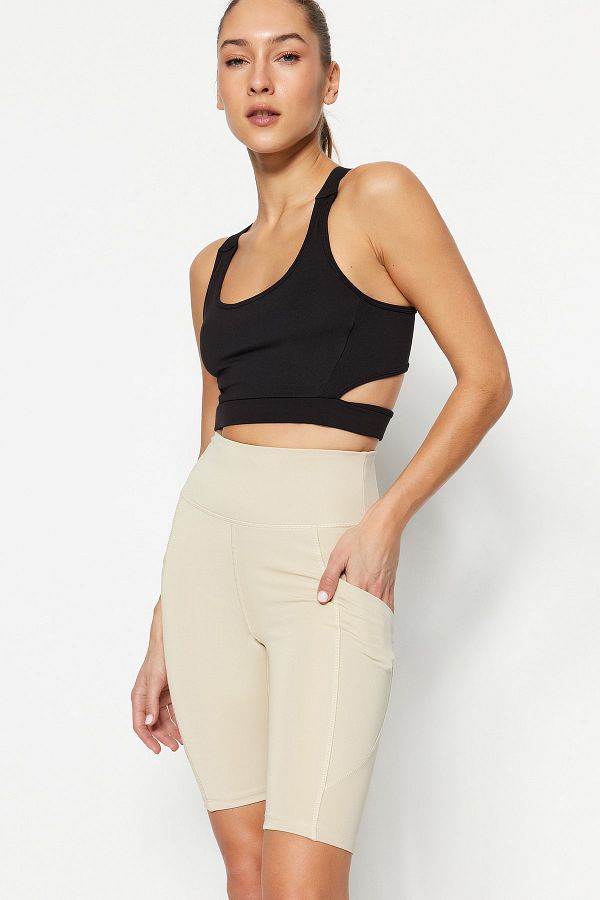 Trendyol Collection-Beige Recovery-Strick-Sport-Biker-/Radfahrer-Leggings mit hoher Taille und Tasche und detaillierten Details TWOAW21TA0064 1