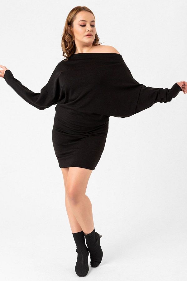 Laranor-Black Large Size Bat Sleeve Boat Neck Knitwear Dress Height and Collar Opening Adjustable 1