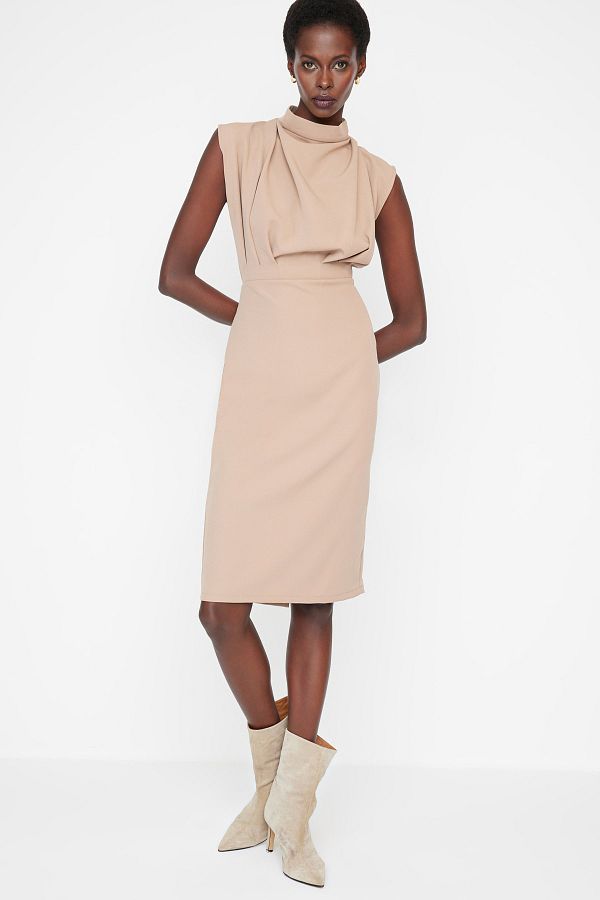 Trendyol Collection Stand Collar Camel Midi Dress Body Shaping with Pencil Skirt TWOAW20EL0311 Trendyol