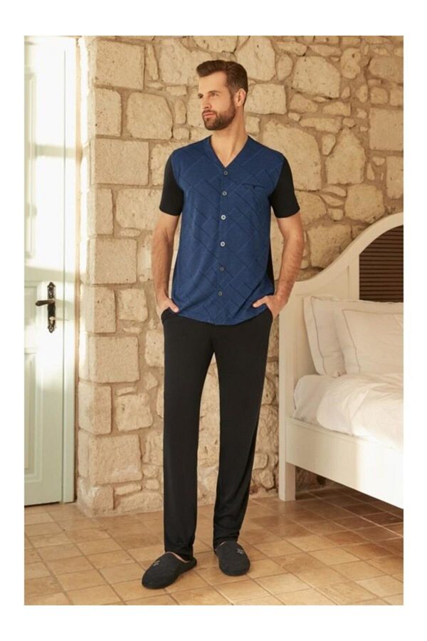 Eros-26020 Set pijama bărbați - mânecă scurtă, gât cu nasturi, bleumarin 1