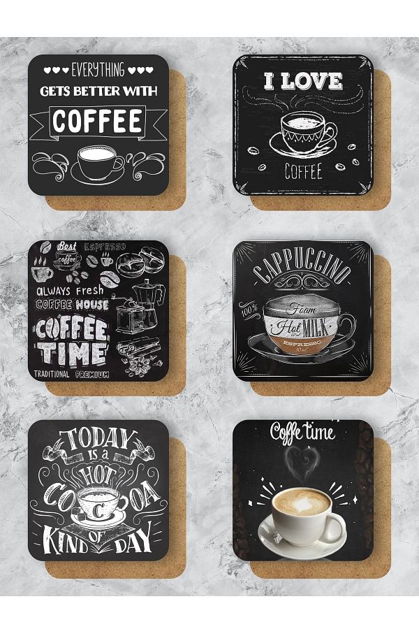 karbonsoft Black Coffee coffee Themed Coasters Wooden Printed Coasters Set of 6 9 X9CM Trendyol
