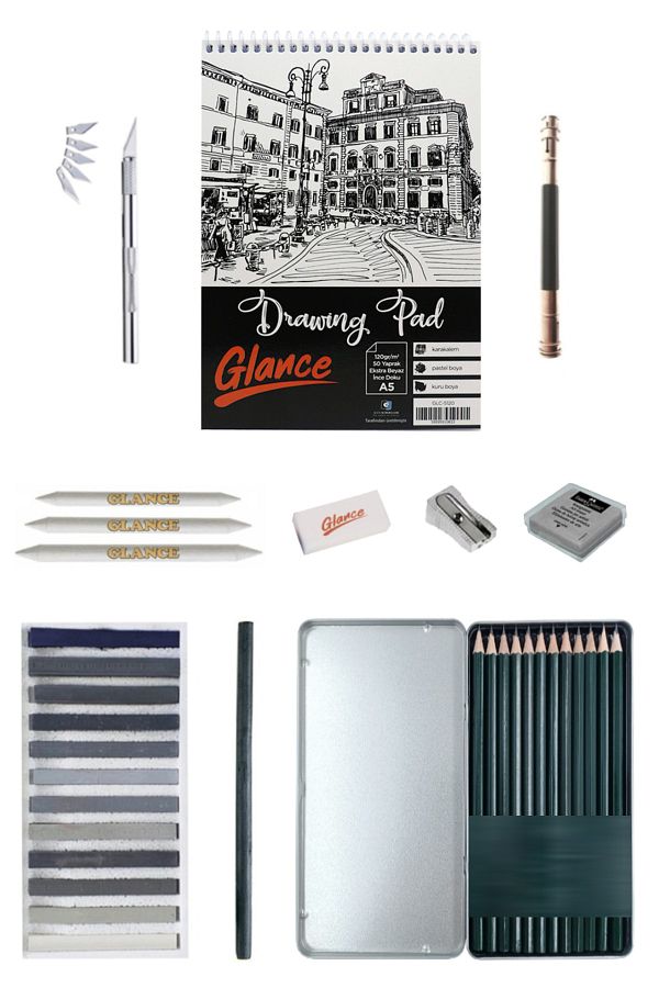 GLANCE-Sketchbook A5 120 Gr 50 Yp Graduated Metal Box Sketch Pen Set 12 Pieces (3h-3b) Sketch Set 1