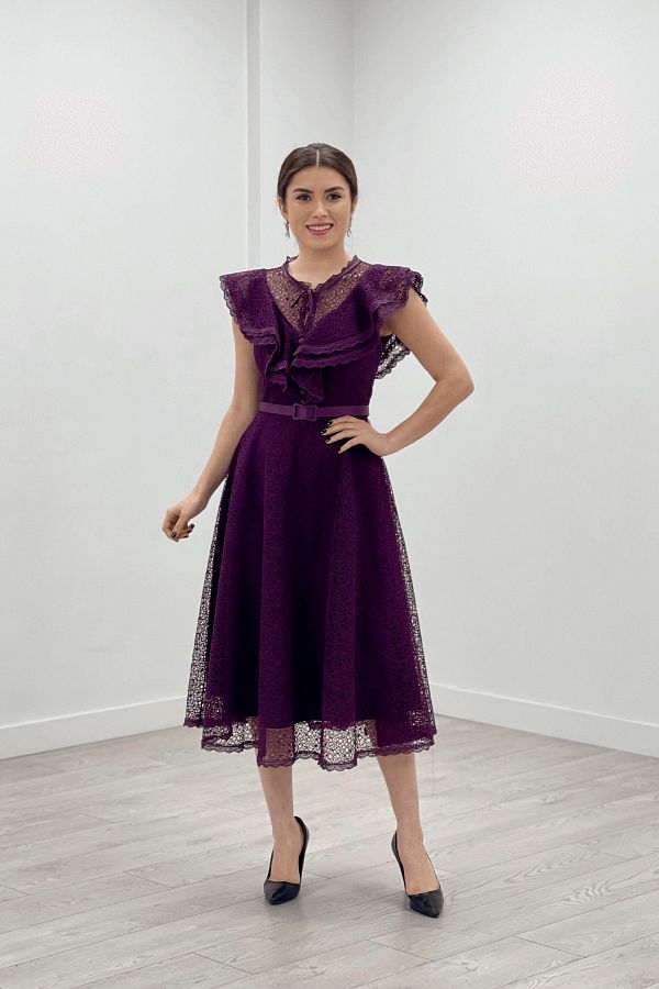 giyimmasal Full Guipure Lace Midi Dress Eggplant Purple Trendyol