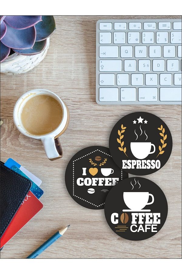 karbonsoft Coffee Cup Themed Coasters Wooden Printed Coasters Set
