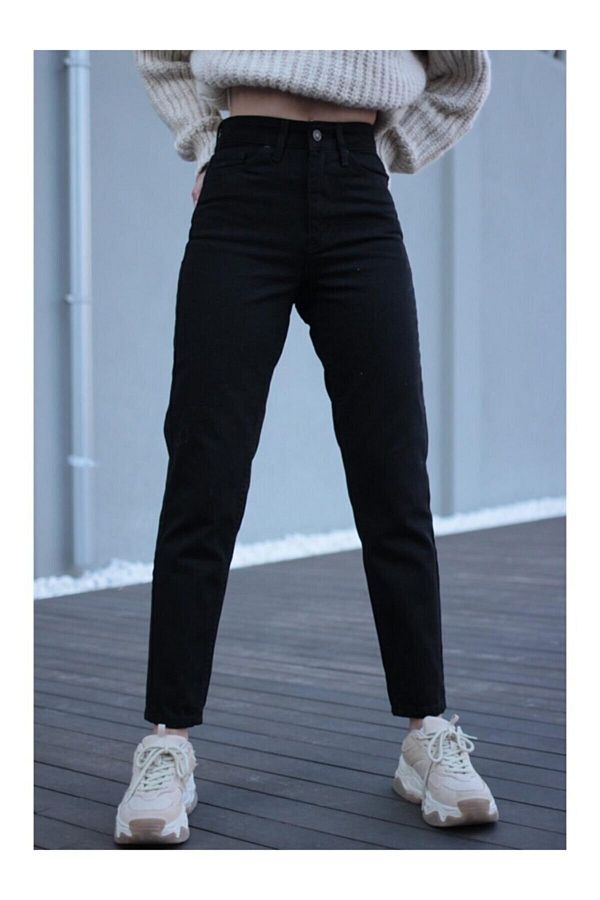 BROSERER-Simua High Waist Black Mom Jeans Lycra Black Extra Comfortable Mom Jeans 1