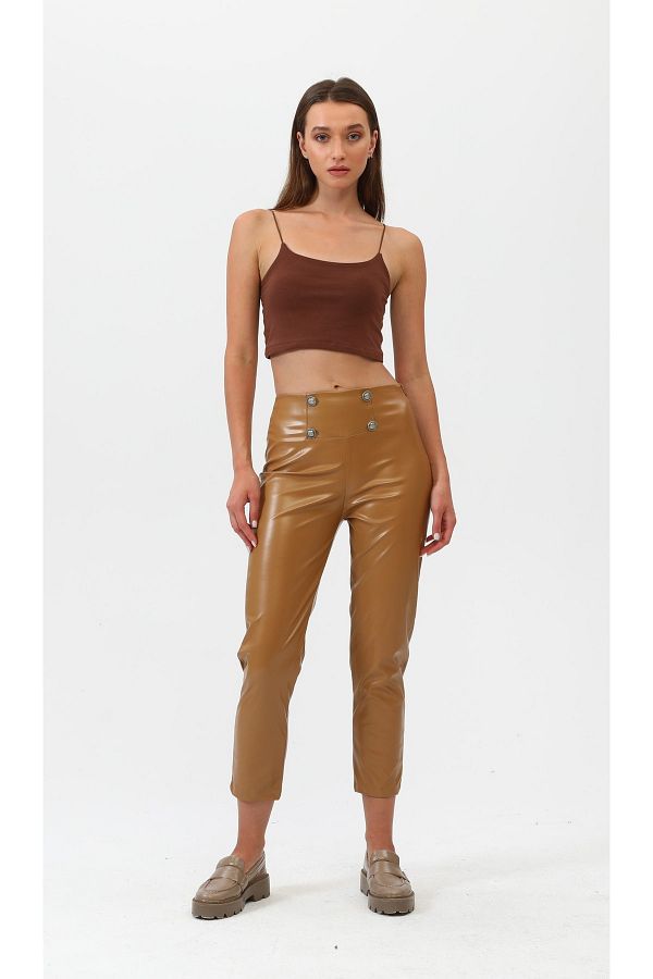 OUZ Fashion-Women's Faux Leather Four Button Pants 1