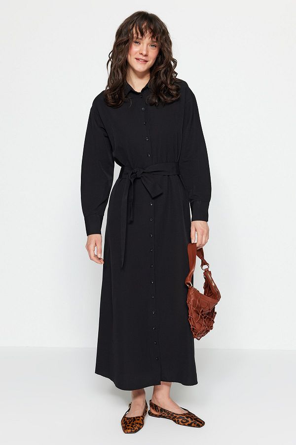 Trendyol Modest-Černý pásek s manžetou a manžetou, bavlněné tkané košilové šaty Tctss23Eb00072 1