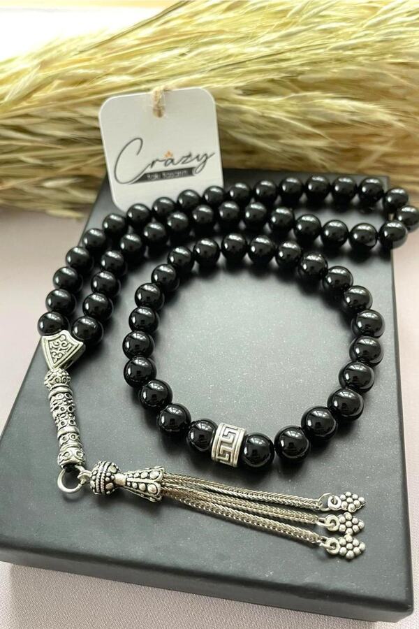 CRAZY TAKI TASARIM-8 Mm Genuine Onyx (black Agate) Stone Gift Bracelet & Rosary Combination 1