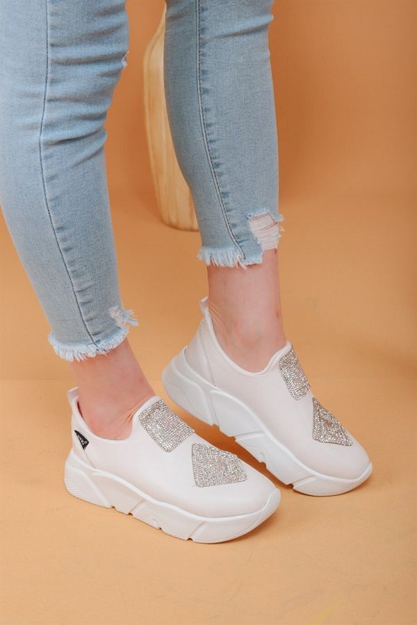 layki-Immobile White Color Front Shiny Stone Parachute Fabric Lux Women's Sneakers 1