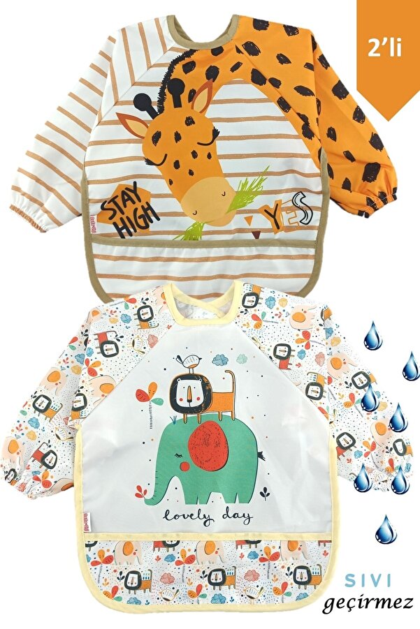 dubi baby Zürafa Ve Aslan Desen Kollu Cepli Bebek Mama Önlüğü