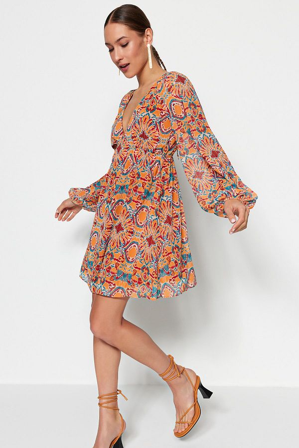 Trendyol Collection-Orangefarbenes, ethnisches, gewebtes Minikleid mit Chiffonfutter und Taillenöffnung TWOSS23EL00519 1