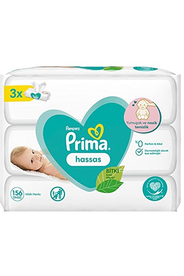 Prima Hassas Ciltler Için 156 Yaprak Alkolsüz Parfümsüz Islak Havlu Mendil (3 X 52 Adet)