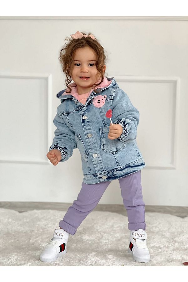 Pink Hippo Kids Children s Denim Jacket Coat with Plush Hooded Inside and Teddy Bear Applique on the Back Trendyol