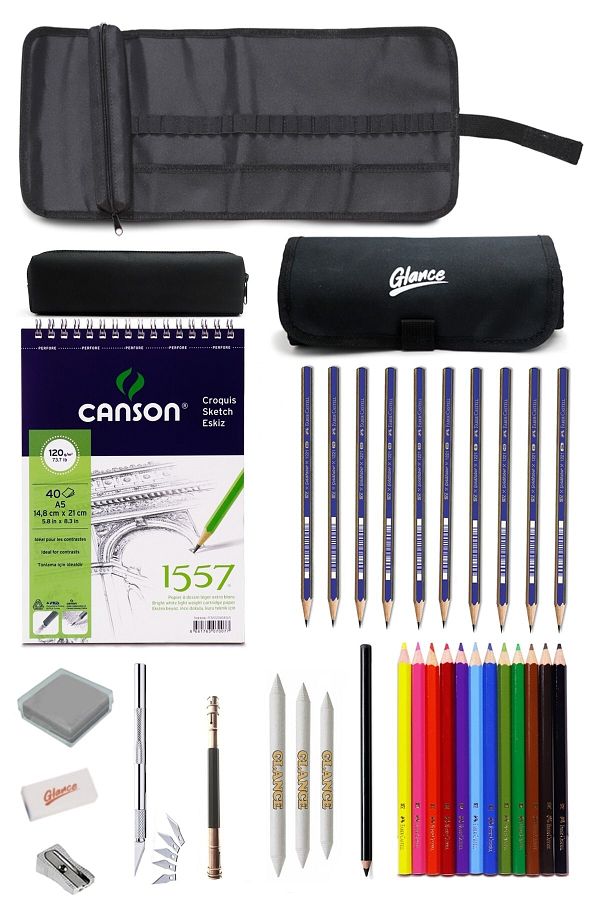 GLANCE-Canson Sketchbook 11 Charcoal and Curry Pencil Drawing Sketch Set with Black Roll Cloth Bag 1