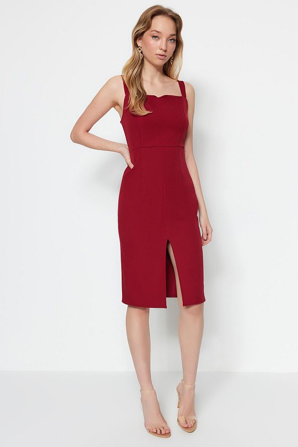 Trendyol Collection-Burgundowa sukienka midi na ramiączkach - Spódnica ołówkowa z rozcięciem TWOSS19BB0216 1