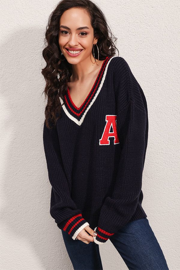 Bigdart 15802 V Neck College Knitwear Sweater Navy Blue Trendyol