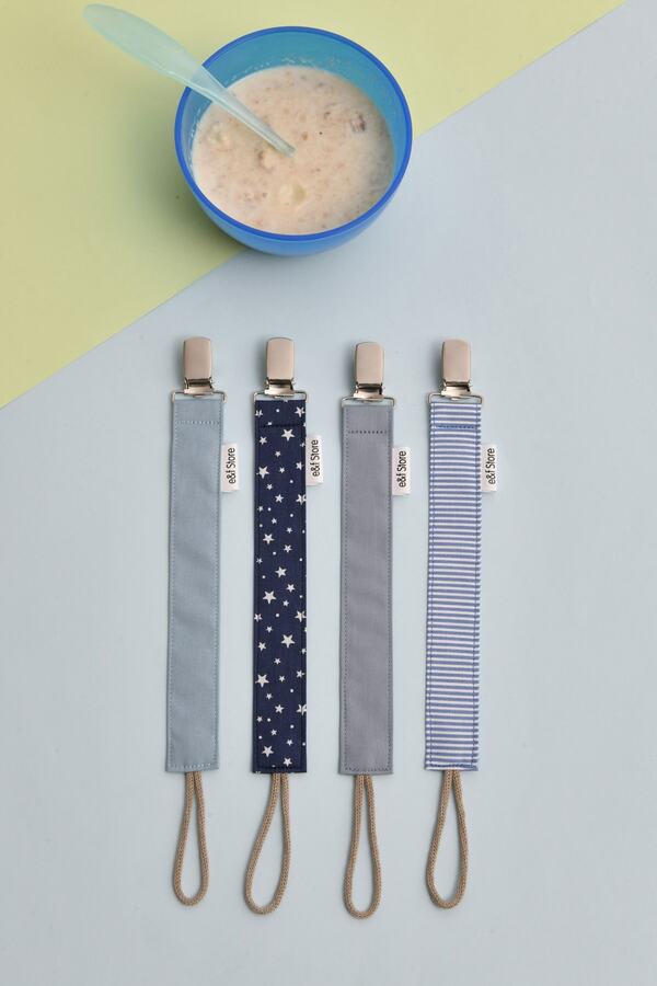 e&f Store Mavi 4'lü Emzik Zinciri Seti - Pamuk Bağcıklı Emzik Askısı - Emzik Tutacağı - Bebek Hediyesi