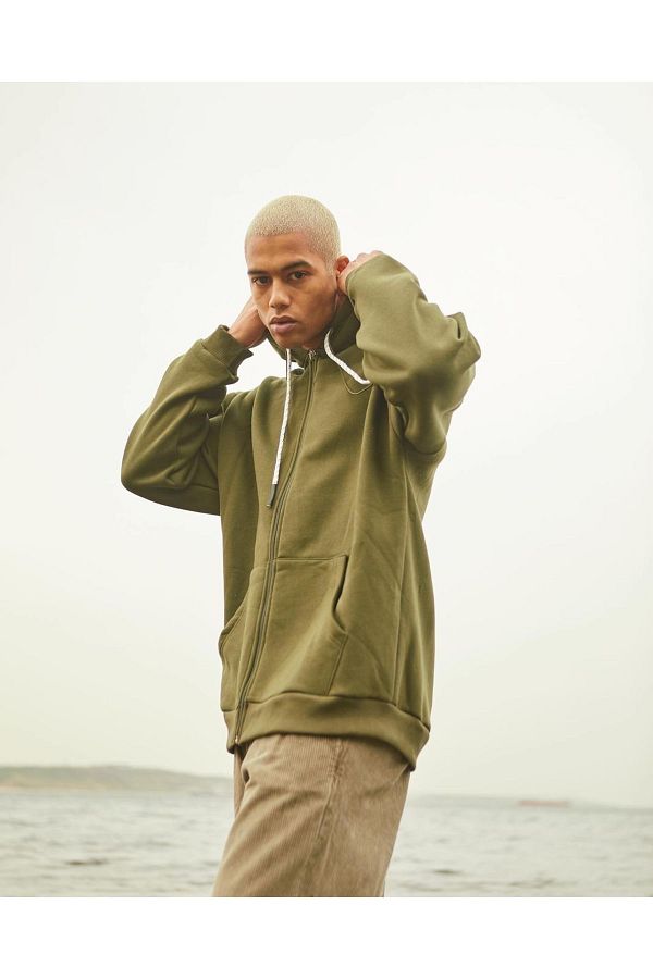Saw Urbanity Khaki Oversize Hooded Zippered Hooded 3 Thread Kangaroo Pocket Basic Sweatshirt Hoodie Trendyol