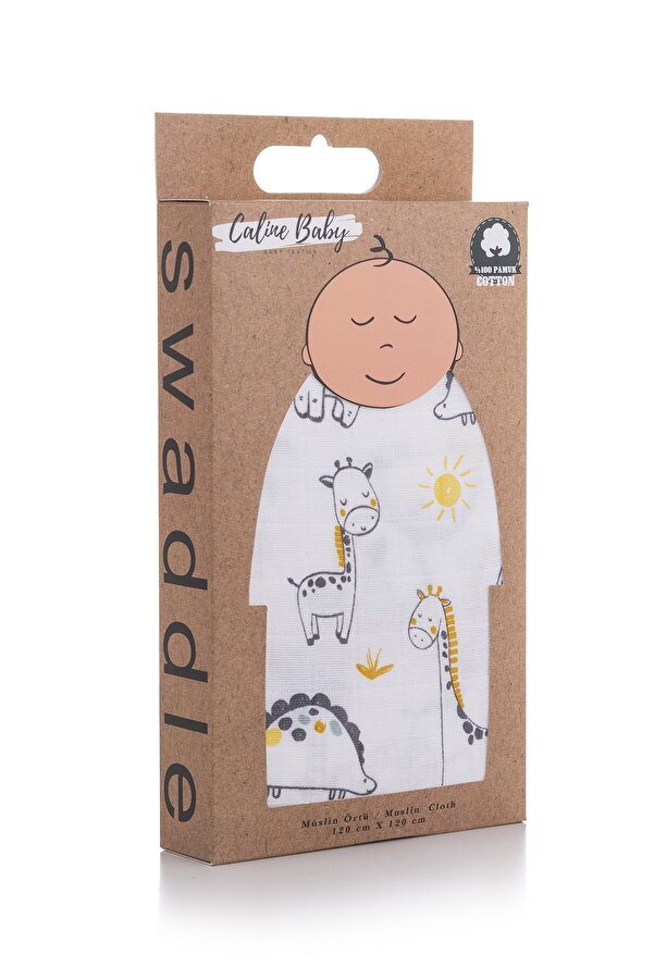 Caline Baby Müslin Bezi Örtü Safari Desen - Gri 120x120 cm + 4 Adet Ağız Mendili