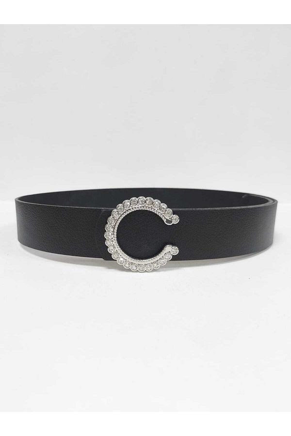 Kemerix-100% Genuine Leather Women's Black Belt with Stone and Silver Buckle 1