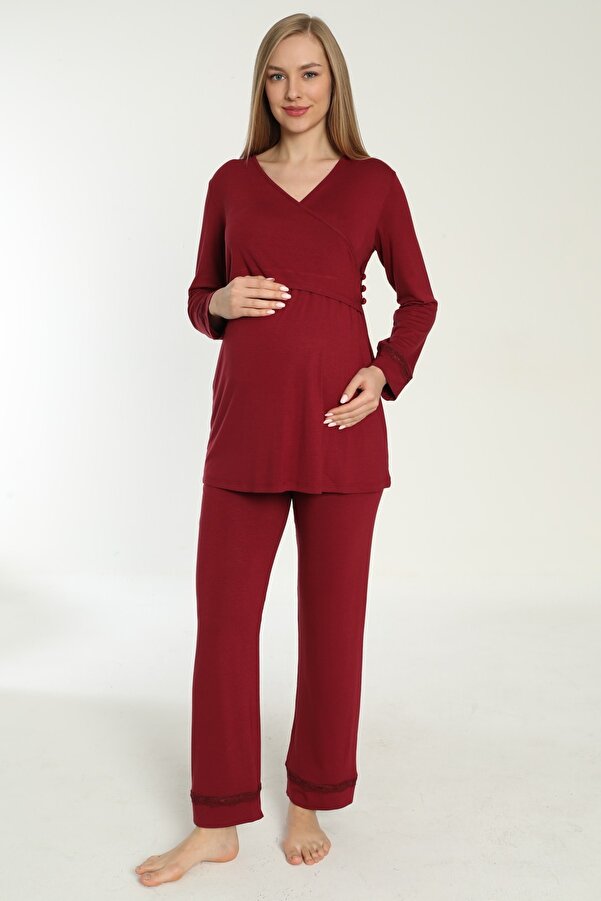 Miss Dünya Lissa Bordo Emzirmeye Uygun Uzun Kol Lohusa Ve Hamile Pijama Takımı