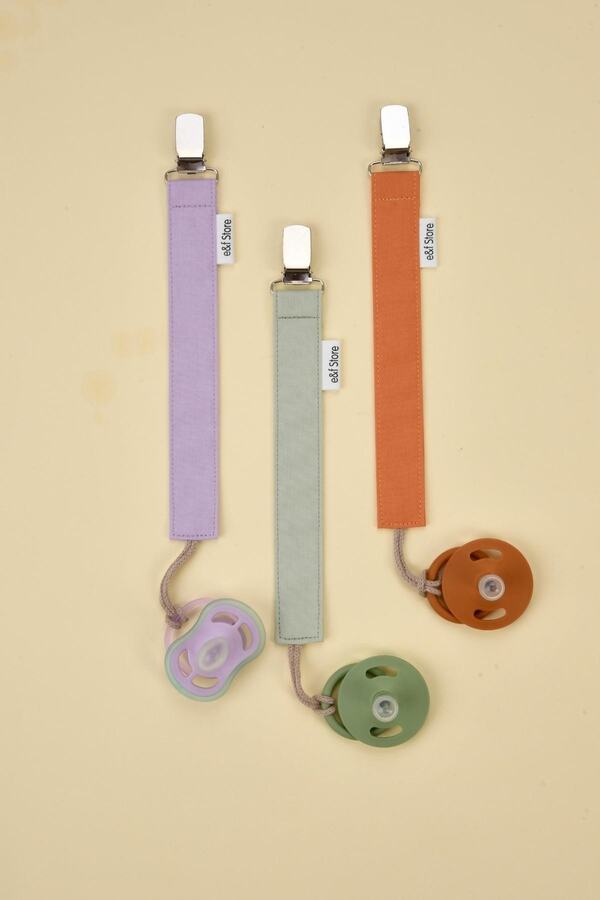 e&f Store 3'lü Emzik Askısı Seti - %100 Pamuk Kumaş - Lila Mint Yeşili Somon - 3'lü Emzik Zinciri Seti