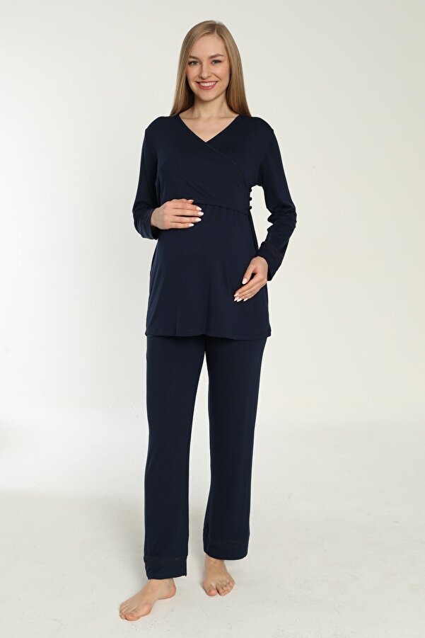 Miss Dünya Lissa Lacivert Emzirmeye Uygun Uzun Kol Lohusa Ve Hamile Pijama Takımı