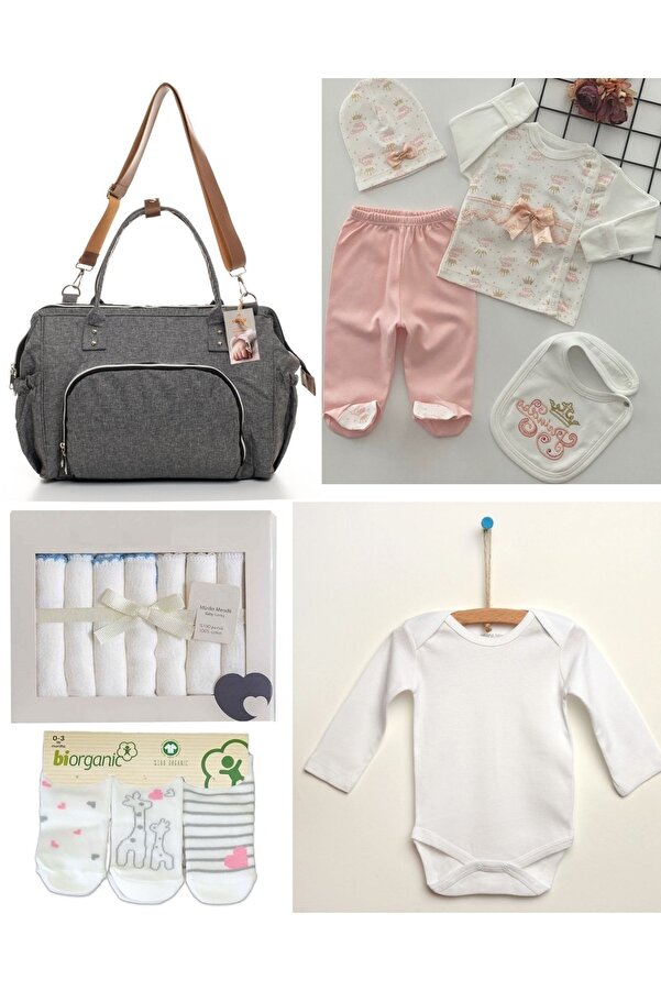 Sahra 5 Parça Doğum Seti Bebek Bakım Çantası, Hastane Çıkış, 7’li Mendil,3’lü Çorap Ve 0-3 Ay Bebek Body