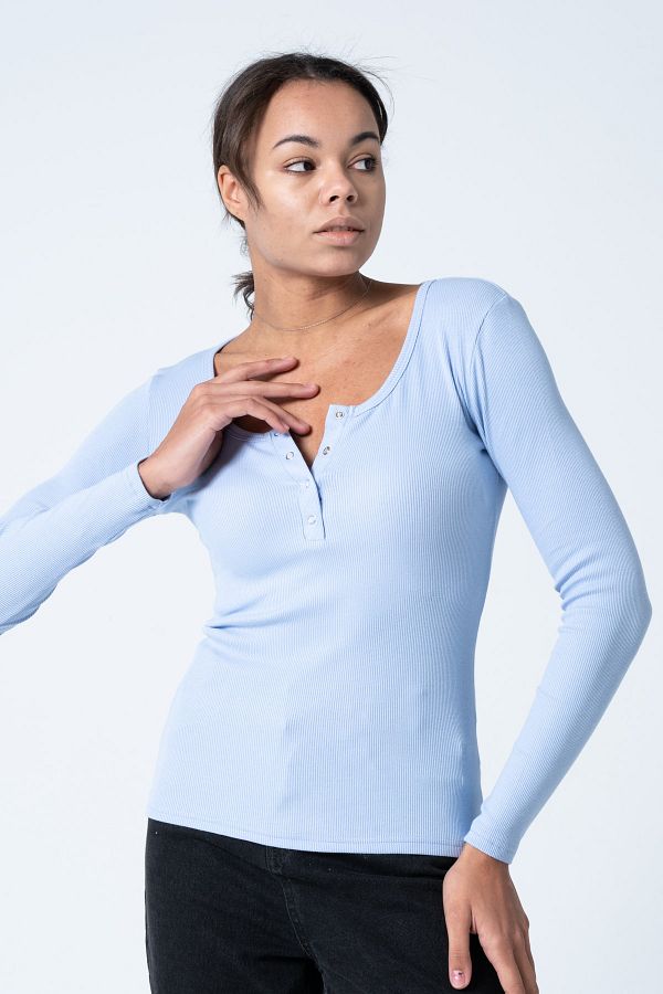 PUNKY CAT-Women's Blue Snap Fastener Knitted Long Sleeve Blouse 1