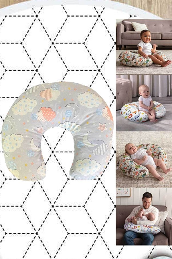 RevuBaby Emzirme Yastığı Ve Destek Minderi Çift Taraflı Düz Kafa Sendromu Gri Bulut