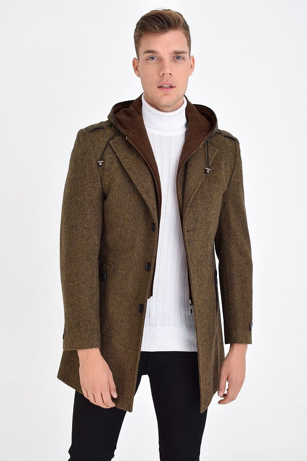 DYNAMO-Men's Tan Wool Blended Patterned Cashmere Hooded Zippered Front and Buttoned Coat 1