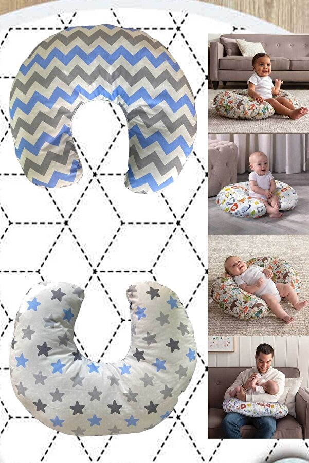 RevuBaby Çift Taraflı Emzirme Yastığı Ve Destek Minderi Çift Taraflı Düz Kafa Sendromu Mavi Yıldız-mavi Zig