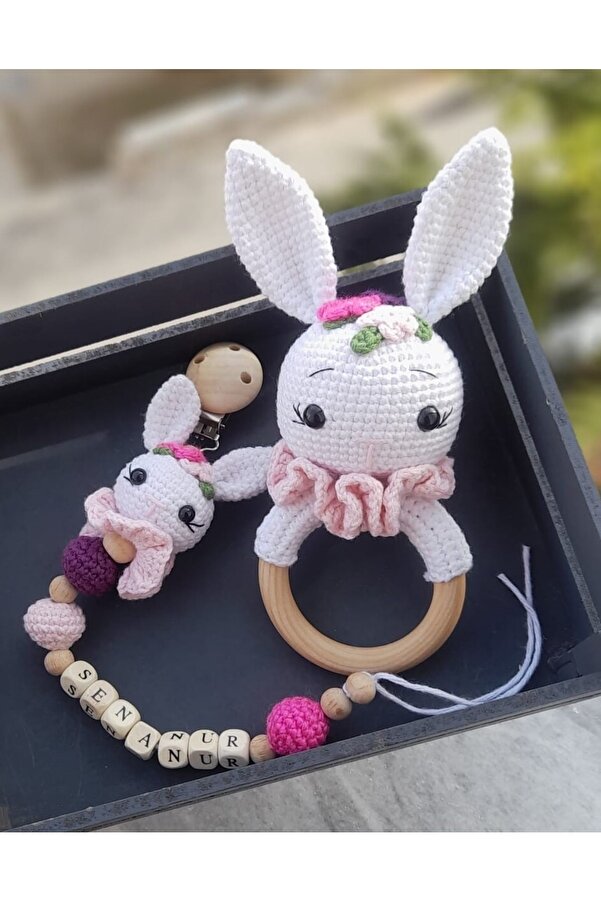 Zey's Amigurumi Amigurumi Çiçekli Tavşan Çıngırak Ve Emzik Zinciri