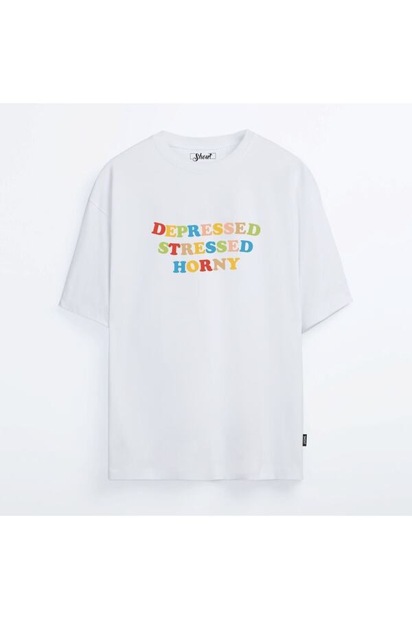 Shout-Oversize Depressed Stressed Horny Oldschool Unisex T-Shirt 1