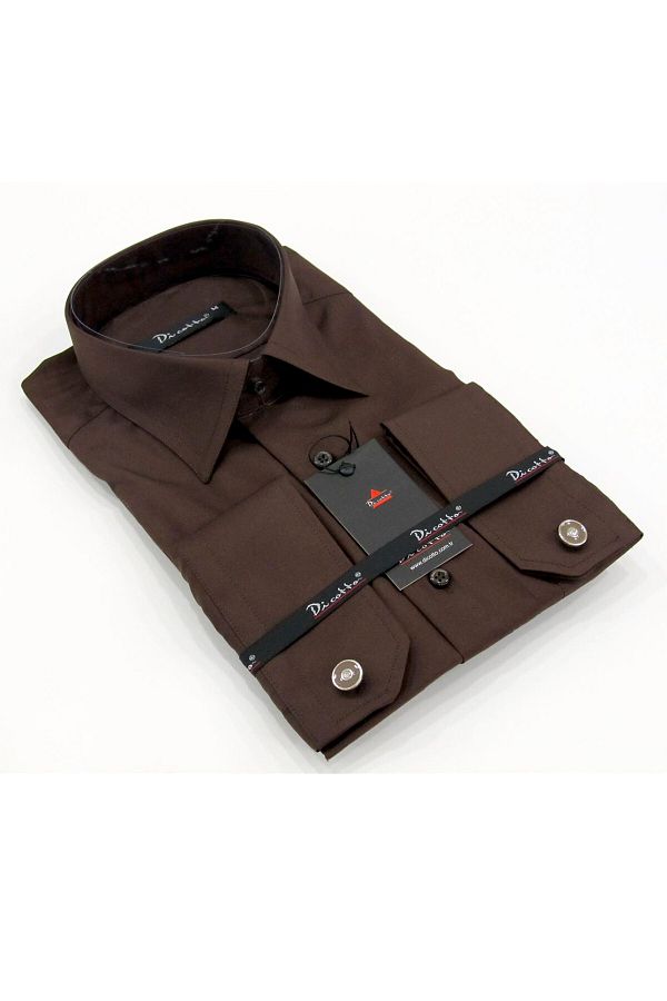Dicotto-Brown Large Size Classic Cut Men's Shirt with Micro Fabric Cufflinks - 190-11 1