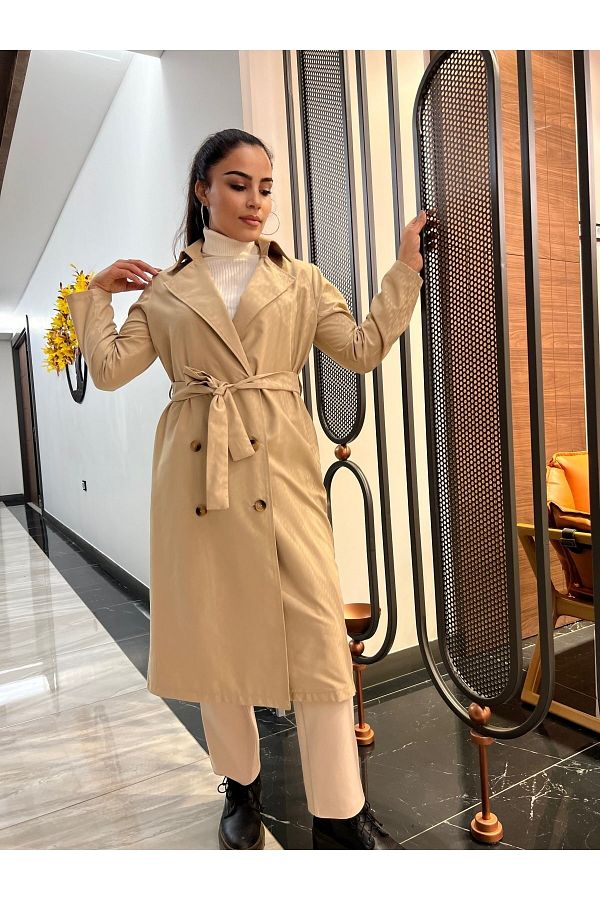 HAKKE Stand Collar Long Trench Coat Trendyol