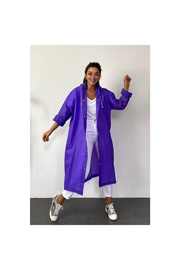 MİNİKS STORE Unisex Mor Kapüşonlu Çıtçıtlı Yağmurluk