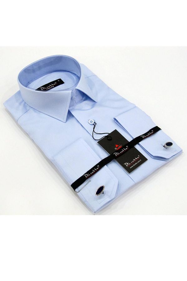 Dicotto-Μπλε Micro υφασμάτινο μανικετόκουμπα Slim Fit μονόχρωμο πουκάμισο - 201-4 1